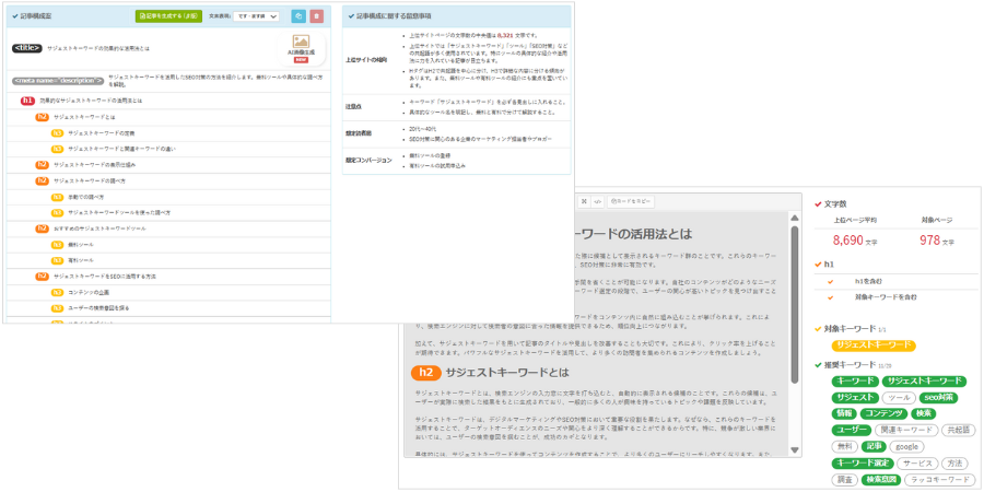 SEOに強い(AIが検索結果の上位サイトの傾向(記事内容、検索意図、読者層、文字数など)を調査し、構成案(目次)と記事に反映させます。)