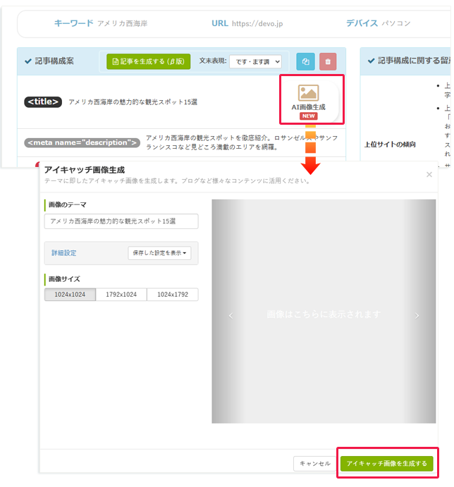 コンテンツ分析「AI画像⽣成機能」